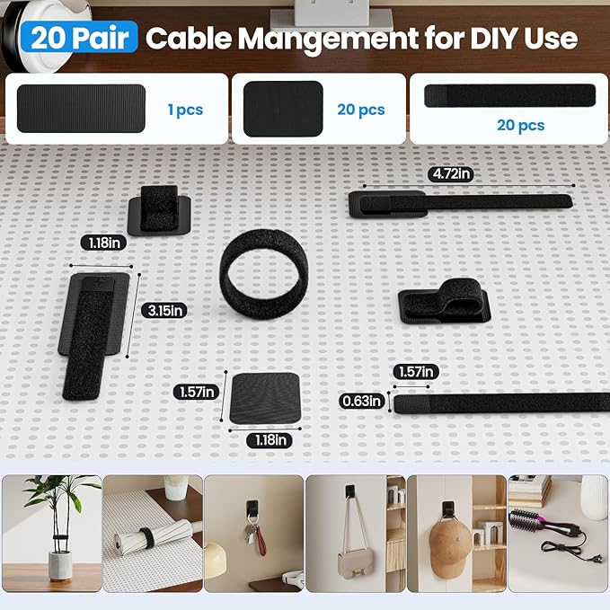 Cable Management Under Desk, 【Up to 15 Cord】【Enhanced Wire Holder】 Cord Organizer Holder, Adjustable Hook and Loop Cable Ties, Wire Clips Under Table Hider, 40 Pair(Black)