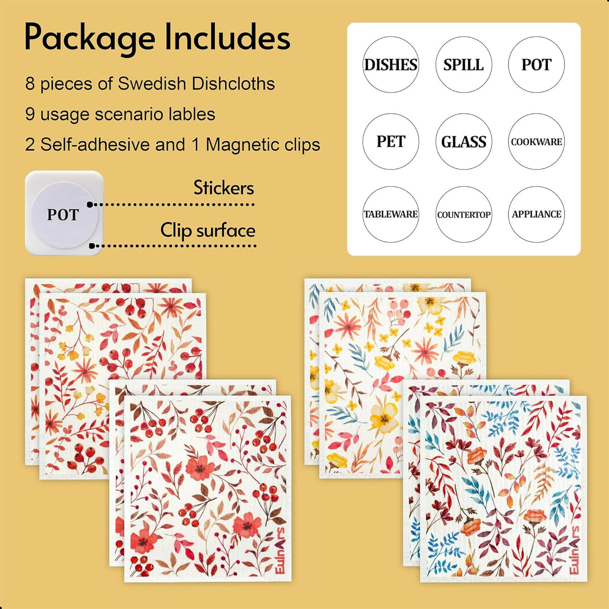 Swedish Dishcloths for Kitchen, 8 Pack Watercolor Reusable Paper Towels with Clips, Non-Scratch Swedish Kitchen Towels, Super Absorbent Cellulose Sponge Cloths, Dishwasher Safe, No Odor