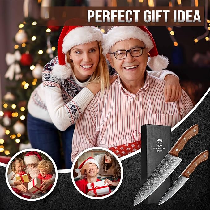 DRAGON RIOT Damascus Chef Knife Set, 2pcs VG10 Professional Kitchen Knife Set, Ultra Sharp Blade & Ergonomic Wooden Handle, Full Tang Forged Damascus Steel Kitchen Cooking Knife Set with Gift Box