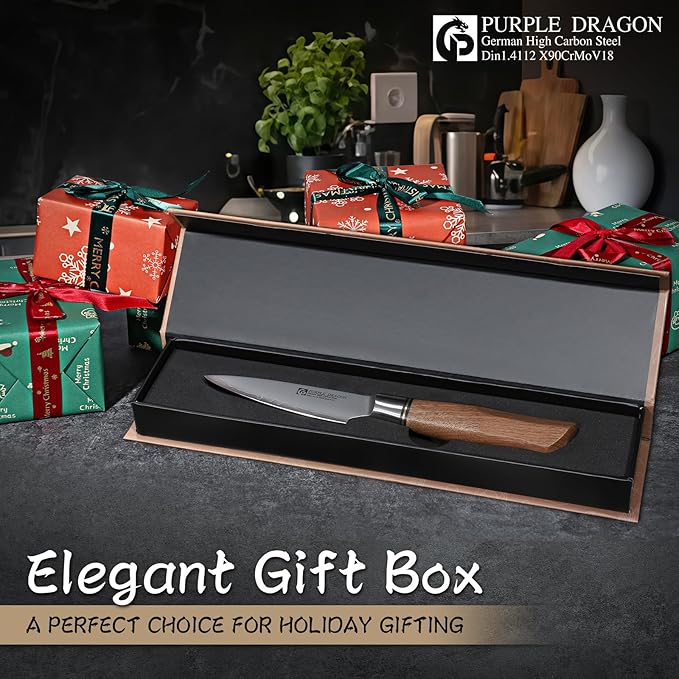 Purple Dragon 3.5 Inch Paring Knife, Small Kitchen Cutting Fruit Knife, German Vg10 Steel Ultra Sharp Blade Ergonomic Wooden Handle, Gift Box