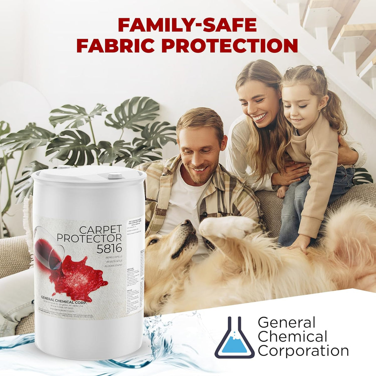 General Chemical Stain Shield Spray - Safe Fabric Protector Spritz and Stain Guard 5816 for Upholstery, Carpets, Rugs, Drapes & More - Impermeable Protectant Spray for Outdoor & Indoor Use - 55 Gallon