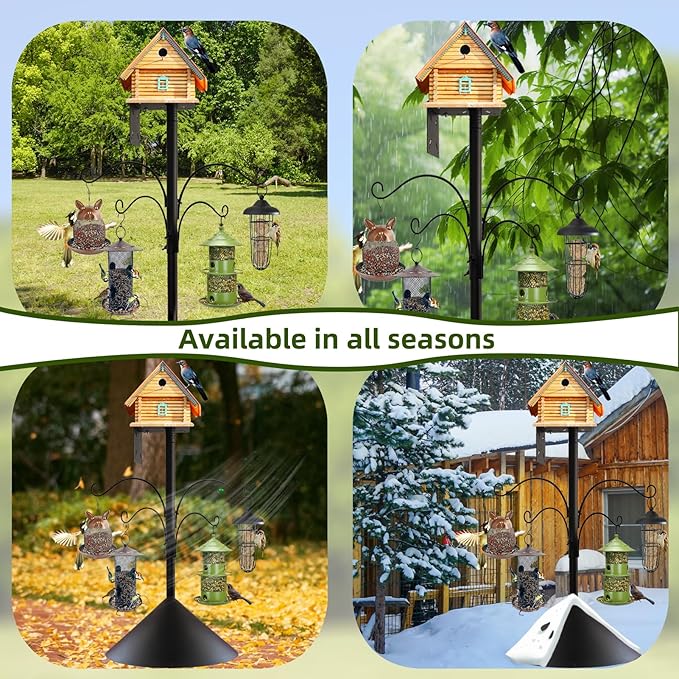 Bird Feeder Pole - 92 Inch Heavy Duty Birdhouse Stand with Squirrel Proof Baffle for Outdoor, Adjustable Bird Feeding Station with Multi Shepherds Hooks Mental Trays for Garden Attracting Wild Birds