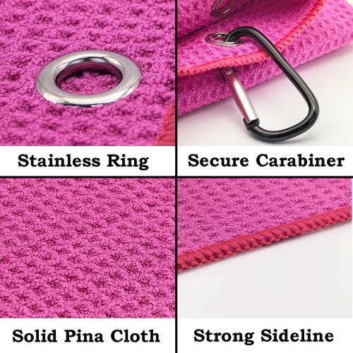 Glamrce 2 Pack Tri-fold Golf Towel Set, Microfiber Fabric Waffle Pattern Towels, Outdoor Sports Towels Heavy Duty Carabiner Clip (Pink x2)