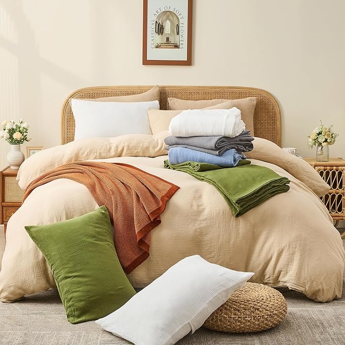MEISHANG Muslin Duvet Cover Queen Size - 100% Organic Cotton, Soft Textured Gauze Weave Comforter Cover for Breathable All-Season with Zipper Closure - 3 Piece Set (Queen, Brown)