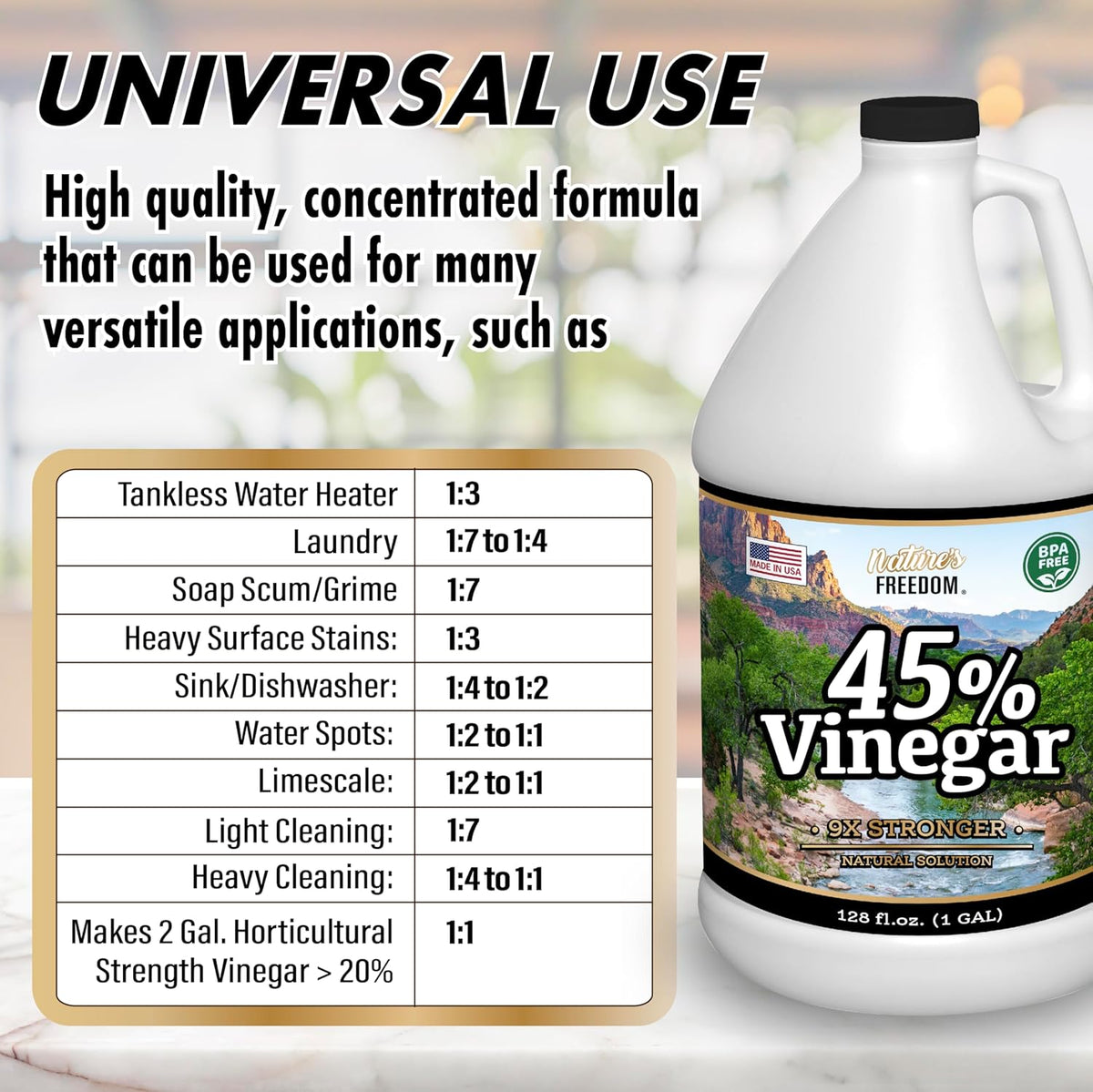 Nature's Freedom 45% Concentrated Vinegar with Funnel, 8 Gallons - Dilutes to 72 Gallons - 9x Strength Multi-Purpose Solution