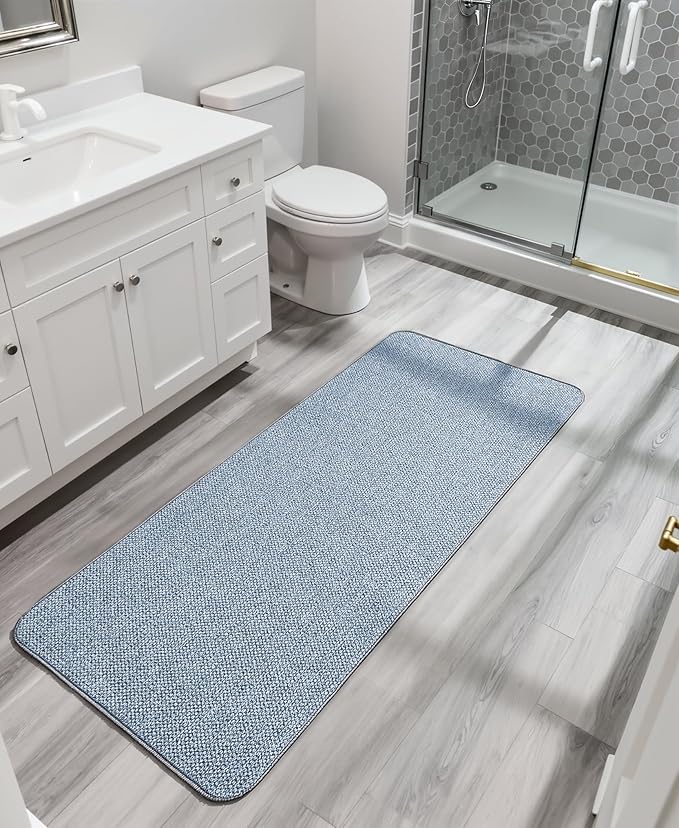 Bath Mat,Ultra Thin Bathroom Runner Rugs,Large Bath Mats for Bathroom,Quick Dry,Non-Slip,Machine Washable,Low Pile,Bath Rug,Shower Outside,Sink,Home Decor Accessories.Blue,1'5"x4'11"(17x59inch)