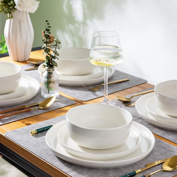 Ceramic Dinnerware Sets for 4,Handcraft Wavy Rim Stoneware Plates and Bowls Sets,Highly Chip and Crack Resistant | Dishwasher & Microwave & Oven Safe Dishes set,Service for 4 (12pc)-White &Wave