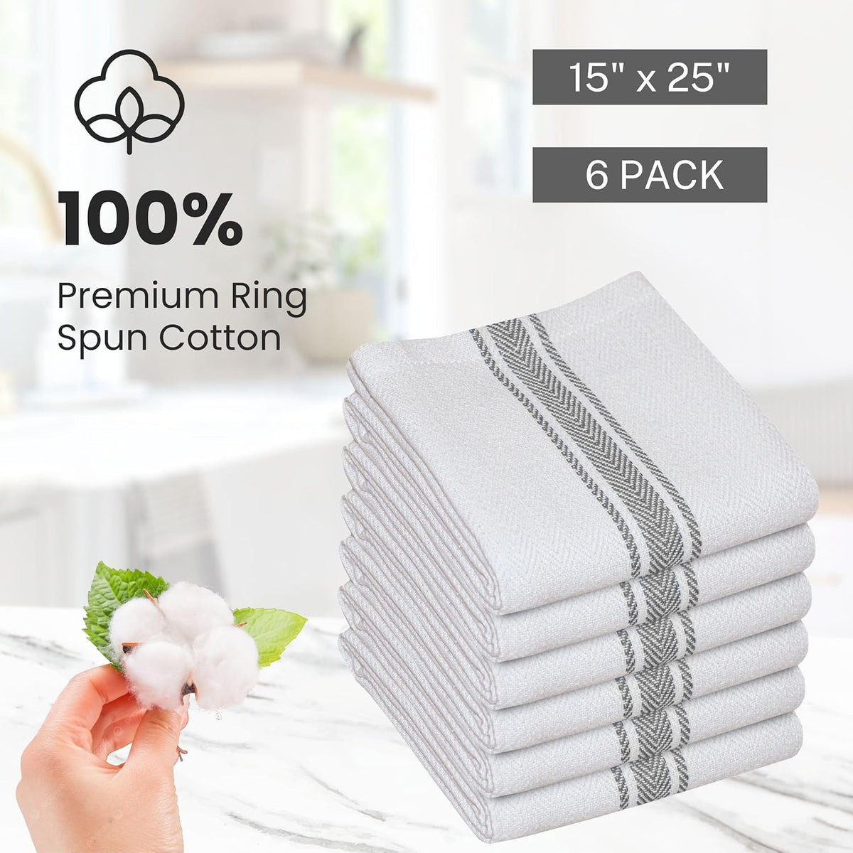 WHITEWRAP Kitchen Dish Towels for Kitchen, Highly Absorbent for Drying and Cleaning, Durable and Soft Tea Towels – 6 Pack, 100% Ring Spun Cotton 15 x 25 Inches – Grey