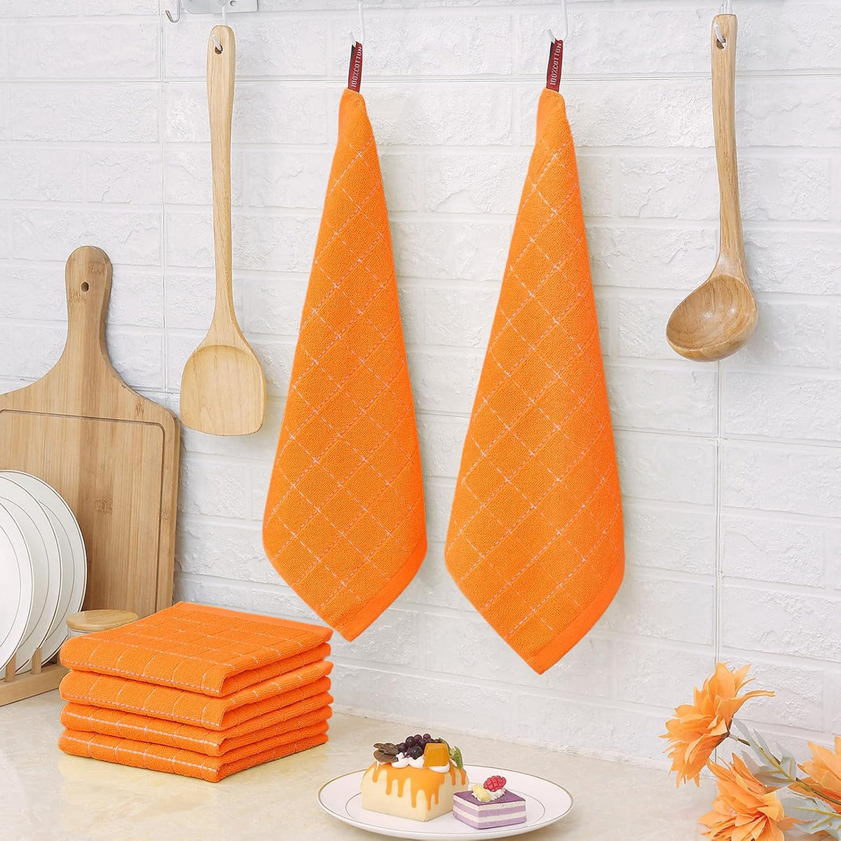 Homaxy 100% Cotton Terry Kitchen Dish Cloths, Ultra Soft and Absorbent Dish Towels for Kitchen, Perfect for Drying and Washing Dishes, 12 Pack, 12 x 12 Inches, Orange