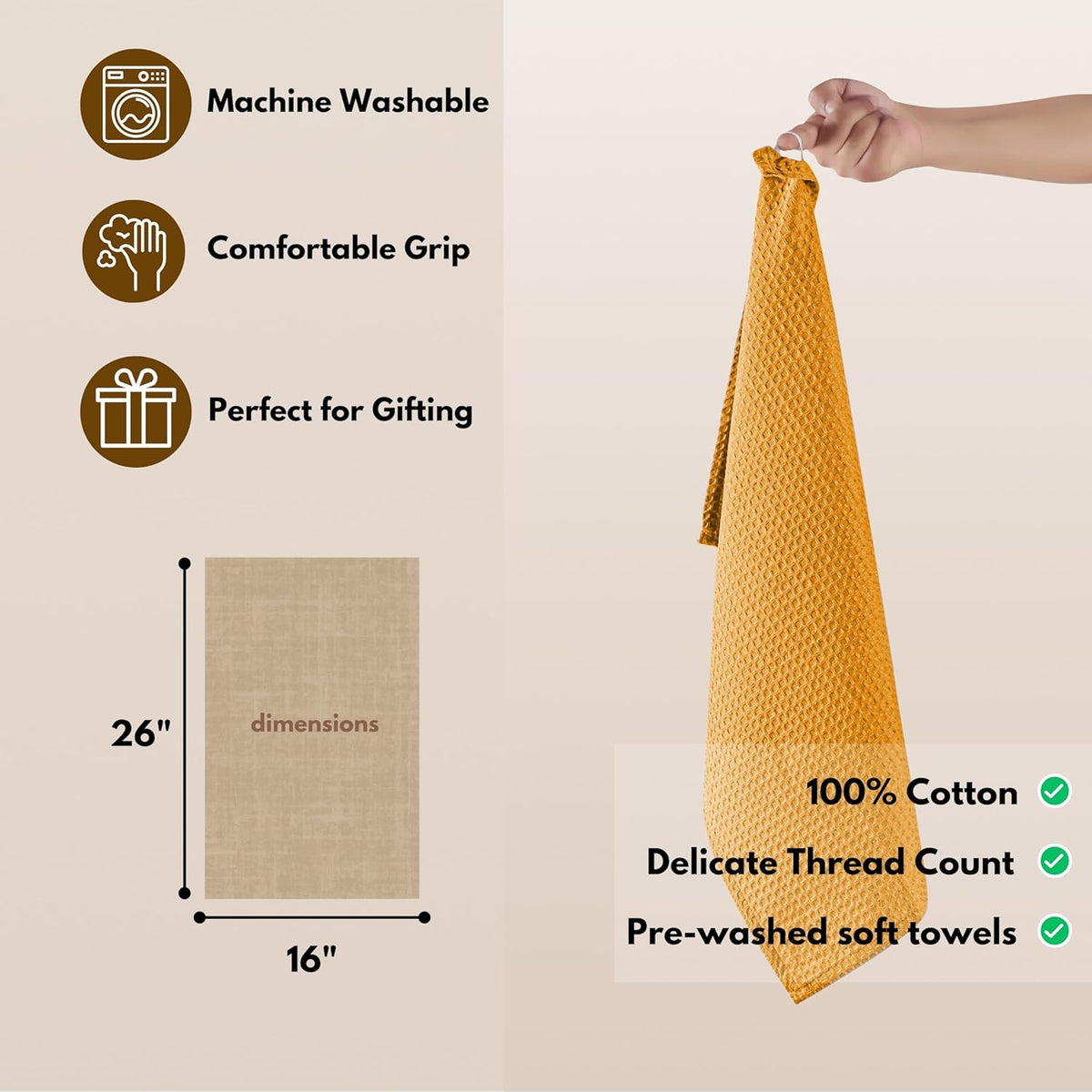 Native Fab Cotton Kitchen Towel with Hanging Loop 16x26 inches, 6-Pack, Waffle Weave Kitchen Towels for Cleaning Drying, Washcloths Soft & Absorbent Cloth Rags, Bar Towel, Dish Cloth, Mustard Yellow