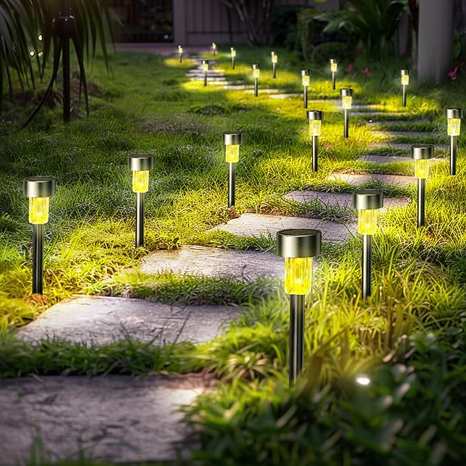 GIGALUMI 24 Pack Solar Path Lights Outdoor,Solar Lights Outdoor Waterproof,Stainless Steel LED Landscape Lighting,Solar Garden Lights for Driveway,Pathway,Patio,Yard