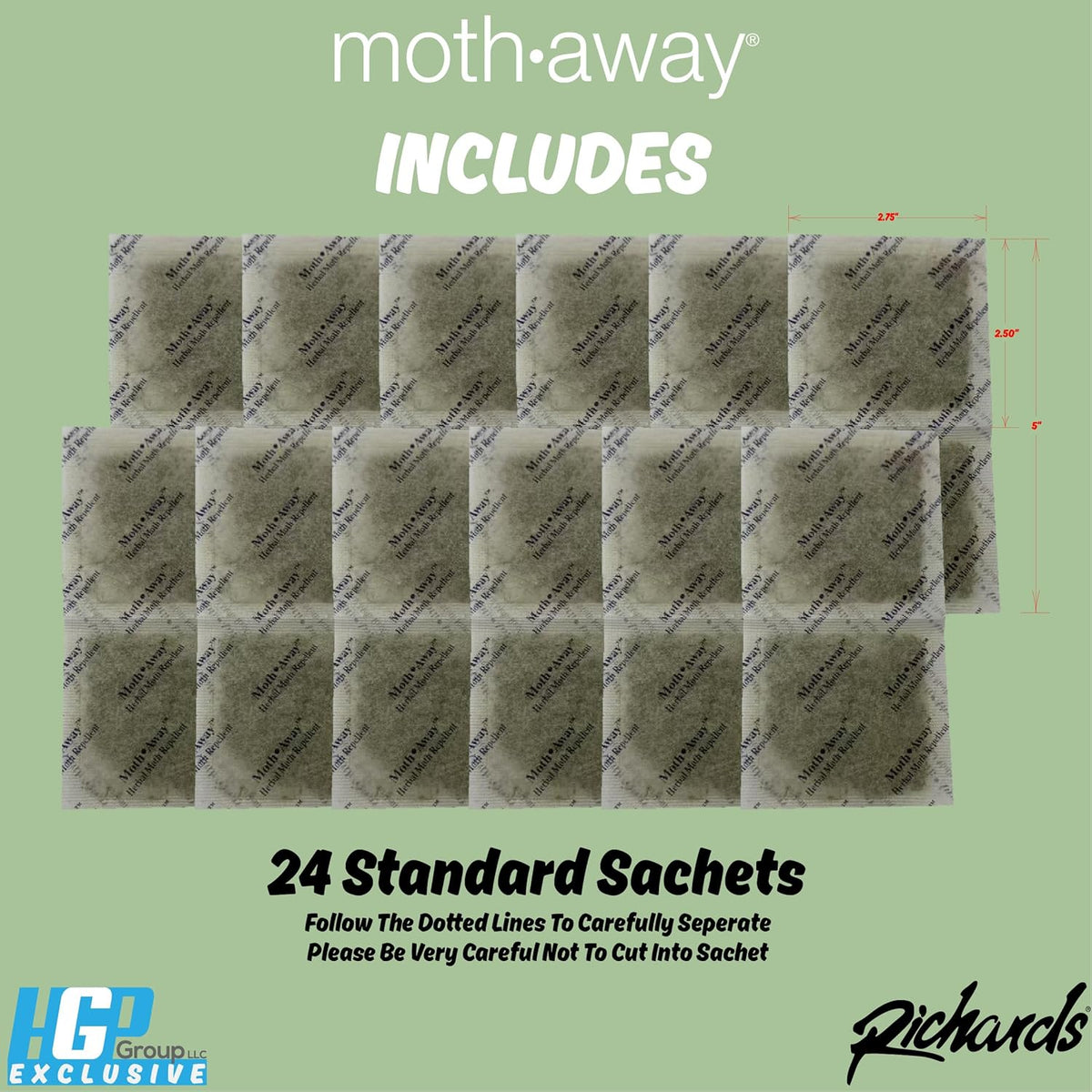 Richards Homewares Moth Away Sachets – 24-Pack Natural Herbal Moth Repellent, Non-Toxic & Chemical-Free, Fresh Scent for Drawers, Closets & Storage Bins – Made in USA