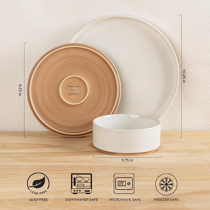 AmorArc Ceramic Dinnerware Set for 8 | Speckled Stoneware Plates and Bowls with Rustic Terracotta Underside| Scratch Resistant,Dishwasher & Microwave Safe Dishes Sets- 24pcs Beige