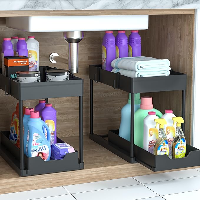 DEKAVA Under Sink Organizer 2 Pack, Bathroom Cabinet Organizer, 2 Tier Sliding Cabinet Basket Organizer Drawer, Multi-Purpose Bath Collection Baskets for Bathroom (Black)