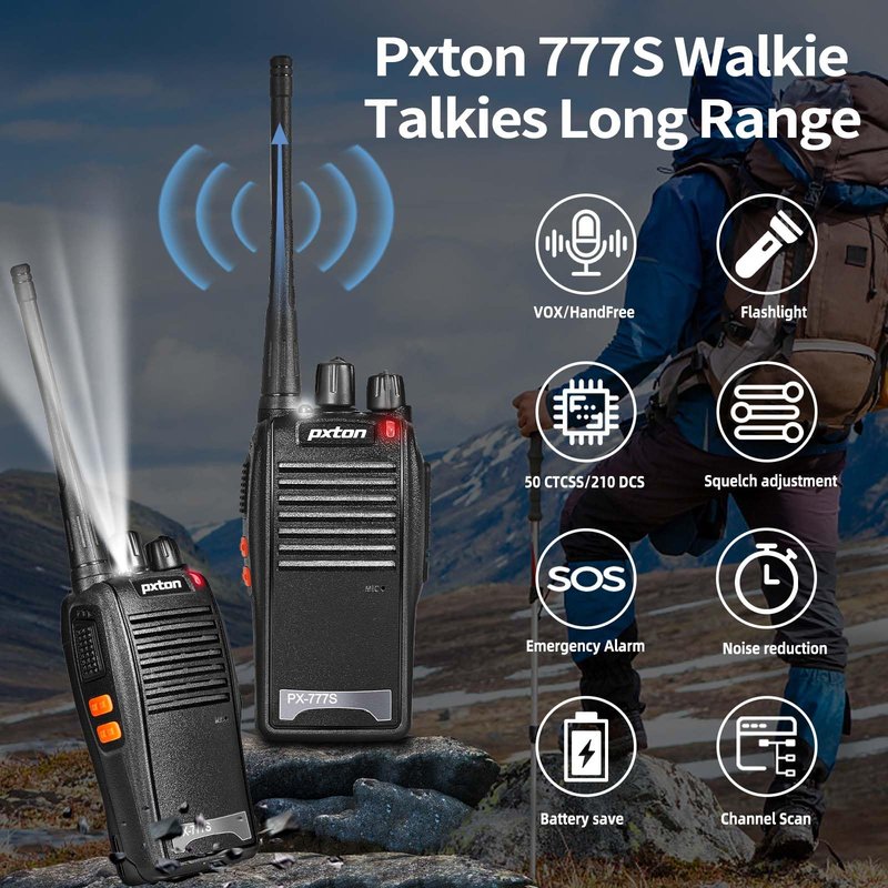 pxton 777S walkie talkies Long Range for Adults Rechargeable with Earpieces and Li-ion Battery,Two Way radios has VOX/TOT/Emergency Alarm/Battery Low Alert/Flashlight/Scan Function(4 Pack)