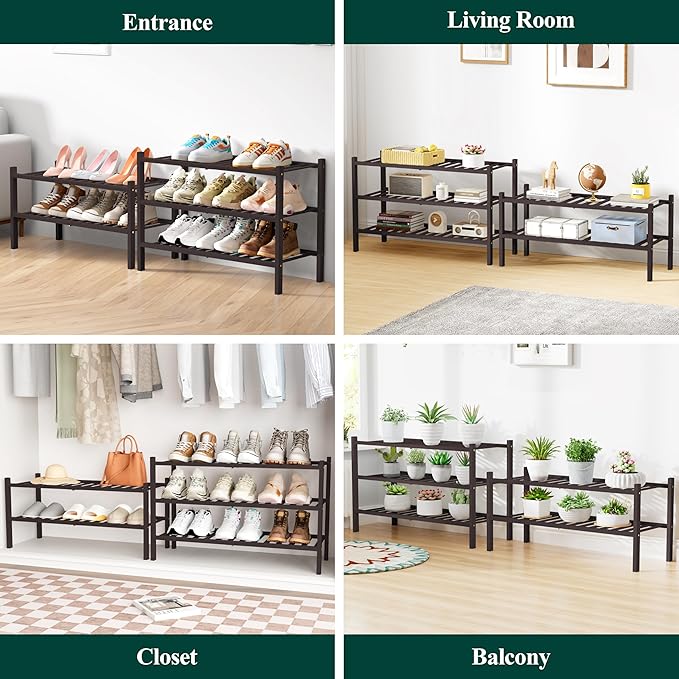 Smiry Bamboo Shoe Rack for Closet, 6 Tier Wooden Stackable Shoe Organizer, Free Standing Shoes Storage Shelf for Entryway, Front Door Entrance, Brown