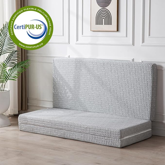 Foldable Mattress, 4 Inch Memory Foam Guest Floor Mat, Tri Folding Portable Mattress for Kids and Adults, Washable Cover, Non-Slip Design, Full Grey (Size: 53" L x 74" W x 4" Th)
