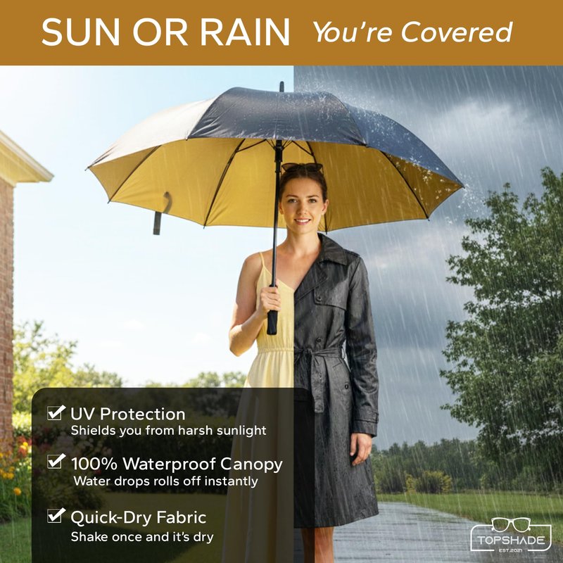 TopShade Golf Umbrella 60 Inch - Large 52-Inch Diameter Single Canopy, Wind Resistant Fiberglass Frame, Gold UV Protection, Auto Open - Black/Gold