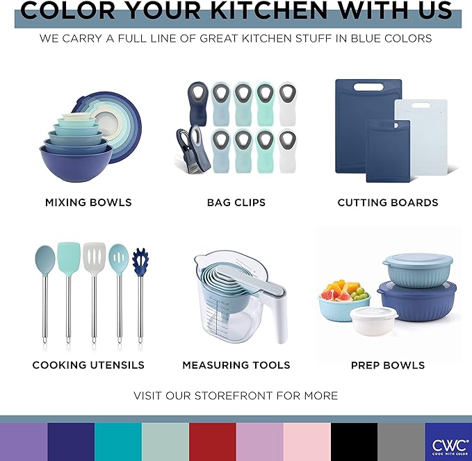 COOK WITH COLOR Mixing Bowls with Lids - 12 Piece Plastic Nesting Bowls Set includes 6 Prep Bowls and 6 Lids, Non Slip Bottom and Embossed Design - Microwave Safe (Blue)