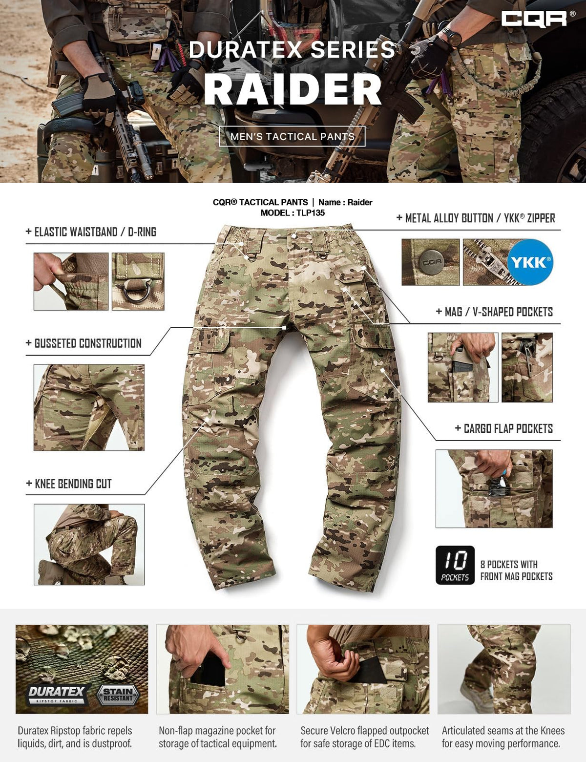 CQR Men's Tactical Pants, Water Resistant Ripstop Cargo Pants, Lightweight EDC Work Hiking Pants, Outdoor Apparel, Duratex Mag Pocket Utility Camo, 44W x 32L