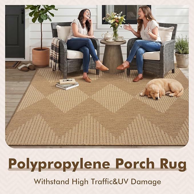 MontVoo-Outdoor Rug Carpet Patio Rug 5x7 ft Polypropylene Indoor Outdoor Rugs for Patio Deck Balcony Porch, Textured Weave, Durable for High Traffic, Fade-Resistant, Boho Geometric Neutral Brown