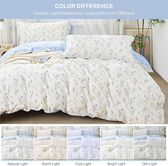 SAPHREAS King Size Blue Floral Duvet Cover Set 3pcs Botanical Flower White Bedding Comforter Cover Set 100% Cotton 1 Duvet Cover 104"x90" 2 Pillow Shams, Comforter Not Included