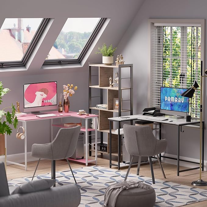 Pamray 43 Inch L Shaped Computer Desk with Reversible Side Storage Shelves, Small Corner Desk for Small Space Home Office,Writing Study Table PC Desk for Bedroom,White Marble