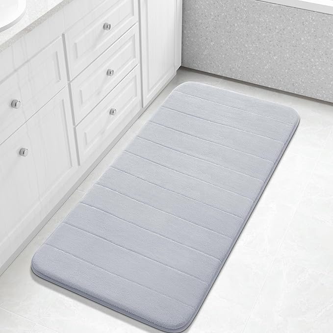 Yimobra Long Bath Mat 44"x24", Super Soft Quick Dry Memory Foam Bathroom Rug, Water Absorbent, Non Slip Backing Machine Washable for Tub Shower, Thick Comfort Support, Silver