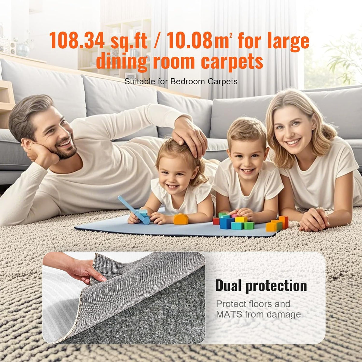 VEVOR Rug Pad Without Slip Resistance, Protective Cushioning Carpet Pad, 9' x 12', 1/4"Thick, 100% Pure Polyester Felt, 10-11㎡ Premium Comfort Underfoot Carpet Padding Rug Cushion for All Floors, Gray