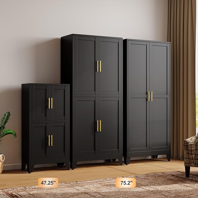 47.25" Metal Storage Cabinet, Black Kitchen Food Storage with 4 Door and 2 Adjustable Shelves, Freestanding Bathroom Cabinet, Pantry for Kitchen Dinning Room, Cupboard