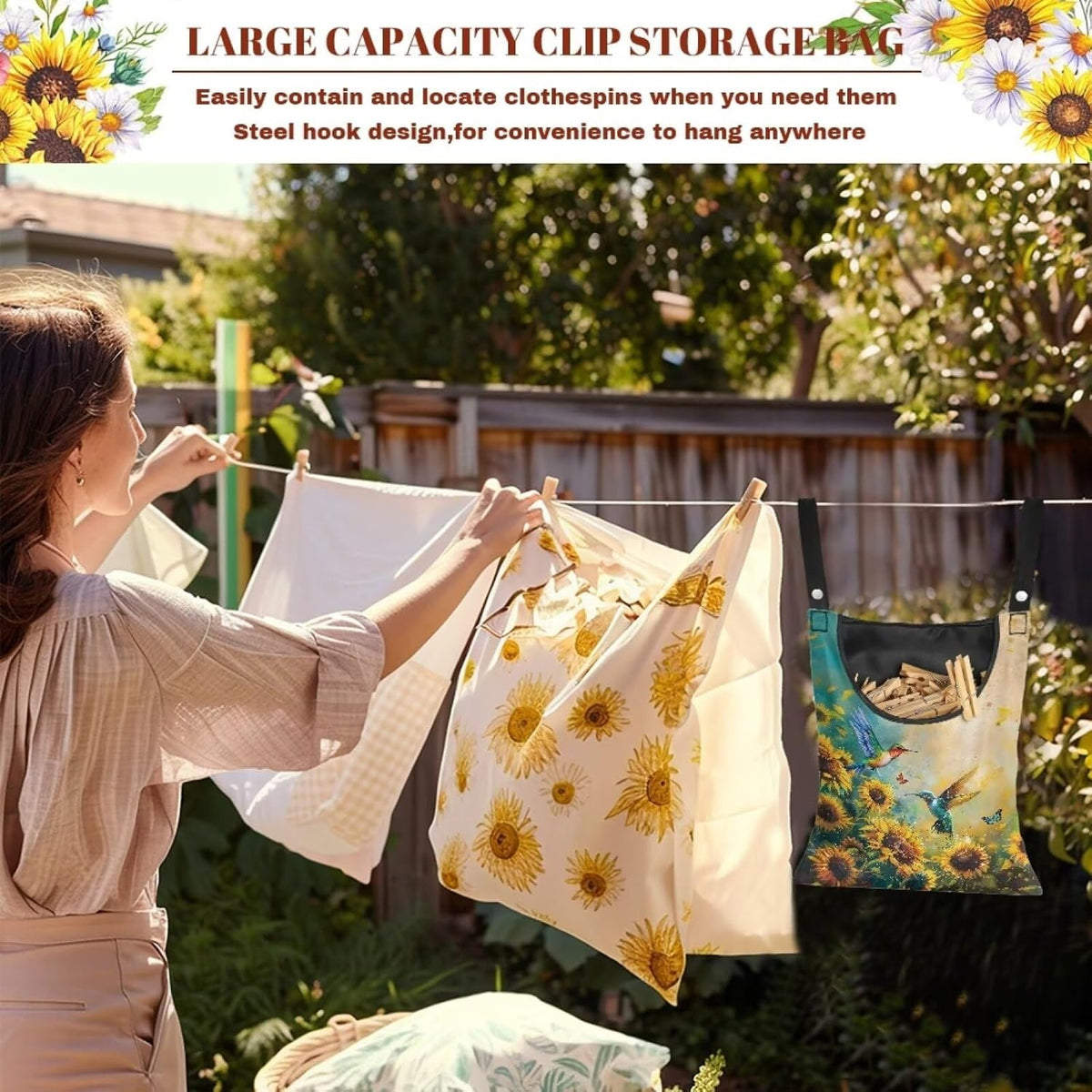Clothes Pin Hanging Bag with Big Opening Storage Clothes Pins & Mini Clothespins,Hanging Laundry Bag Fits Retractable Clothes Line Outdoors(Hummingbird Sunflower)
