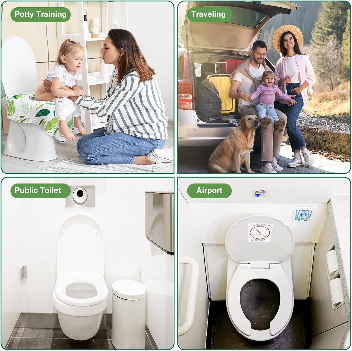 30 Pack Toilet Seat Covers Disposable, Kids, and Adults, Individually Wrapped for Travel, Large Waterproof Potty Covers for Toddlers, Toddler Potty Training for Public Restroom, Airplane, Trip - Leaf