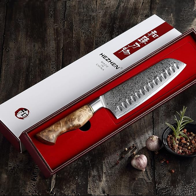 HEZHEN 7” Santoku knife, Damascus Steel Chef Knife, Asian Kitchen Knife Japanese Style, Figured Sycamore Wood Handle