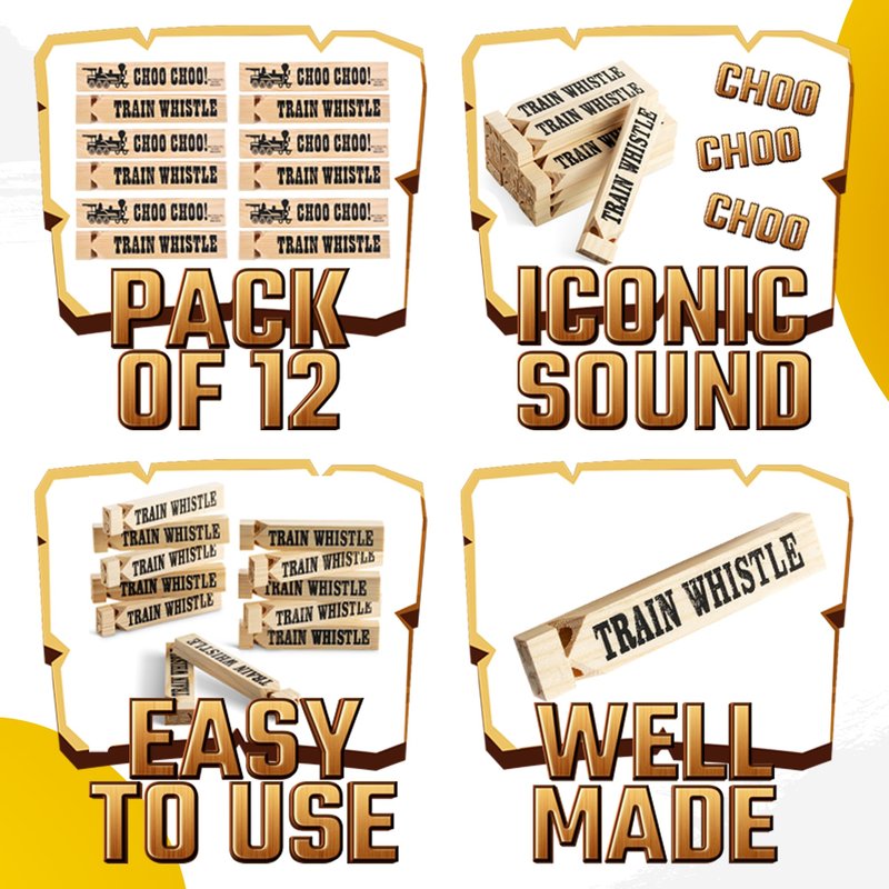 Wooden Train Whistles (Pack of 12) - Wood Train Whistle for Kids, Train Party Favors, Theme Birthday Decorations, Noisemakers, Goodie Bag Filler, Small Game Prizes, Stocking Stuffers