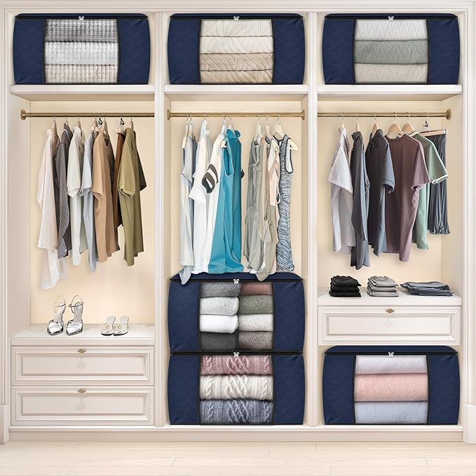 Fab totes 24 Gallons Clothes Storage,Foldable Thick Fabric Blanket Storage Bags,Containers for Organizing Bedroom, Closet, Clothing, Comforter,Organization with Handle (6 Pack,Blue)