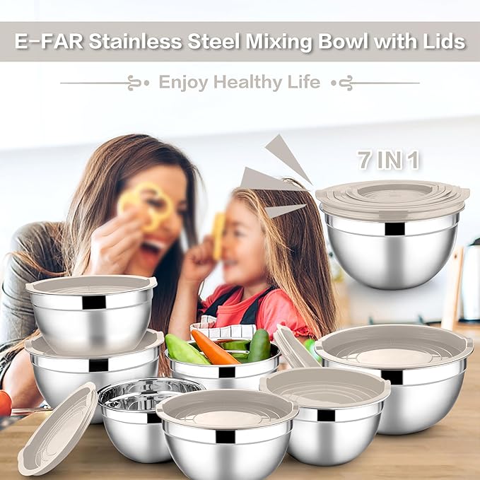 E-far Stainless Steel Mixing Bowls with Lids, 7-Piece Metal Mixing Bowls with Khaki Airtight Lids for Baking/Cooking/Prepping, Size 7, 4.6, 3, 2, 1.5, 1, 0.7QT, Nesting Design & Easy Storage