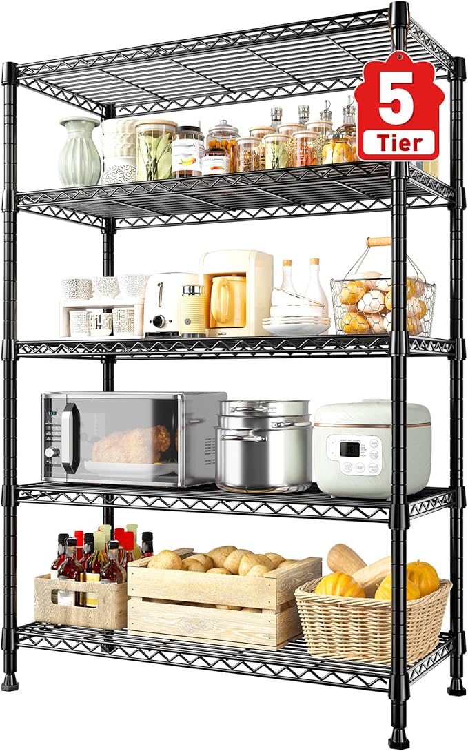REIBII Storage Shelves, 5-Tire Wire Shelving Load 1000LBS Metal Shelves for Storage Adjustable Garage Shelving Unit Wire Shelf Rack Kitchen Storage Rack Pantry Shelves 31.5''W x 15.7'' D x 71''H