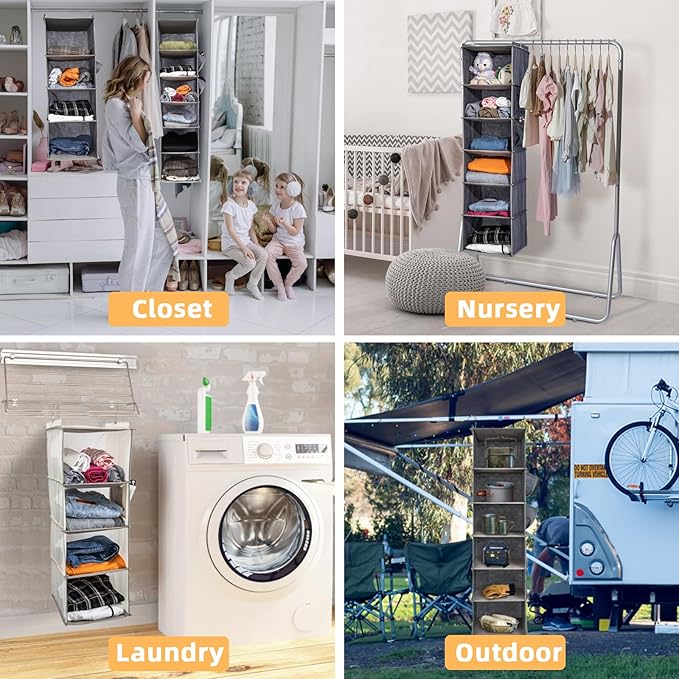 2 Packs Hanging Closet Organizer, 4-Shelf Closet Organizers and Storage with Side Pockets, Collapsible Hanging Shelves for Closet & RV & College Dorm,Black