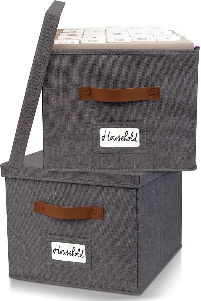 ZICOTO Decorative File Organizer Box Set of 2 - Collapsible Linen Filing Cabinets w/Handles Are Perfect to Store all Your Documents & Hanging File Folders - Portable Easy Slide Crates with Lid