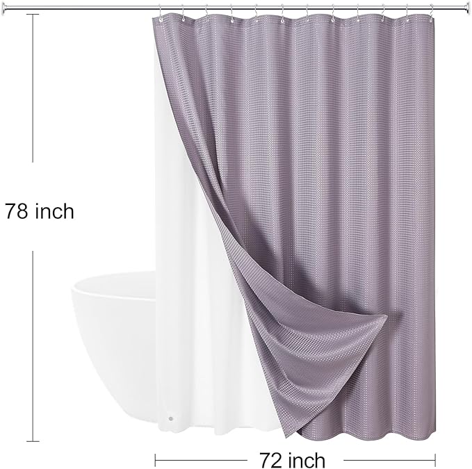 3 in 1 Long Purple Shower Curtain Set-72 W x 78 H, Lavender Waffle and PEVA Liner Set with 12 Stainless Steel Hooks, Waterproof Fabric for Bathroom