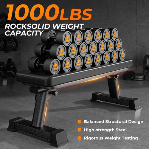 BODY RHYTHM Semi-Commercial Foldable Flat Bench for Multi-Purpose Weight Training and Ab Workout, Flat Weight Workout Exercise Bench with 1000lb Weight Capacity for Strength Training Bench Press, Suitable for Home and Gym.