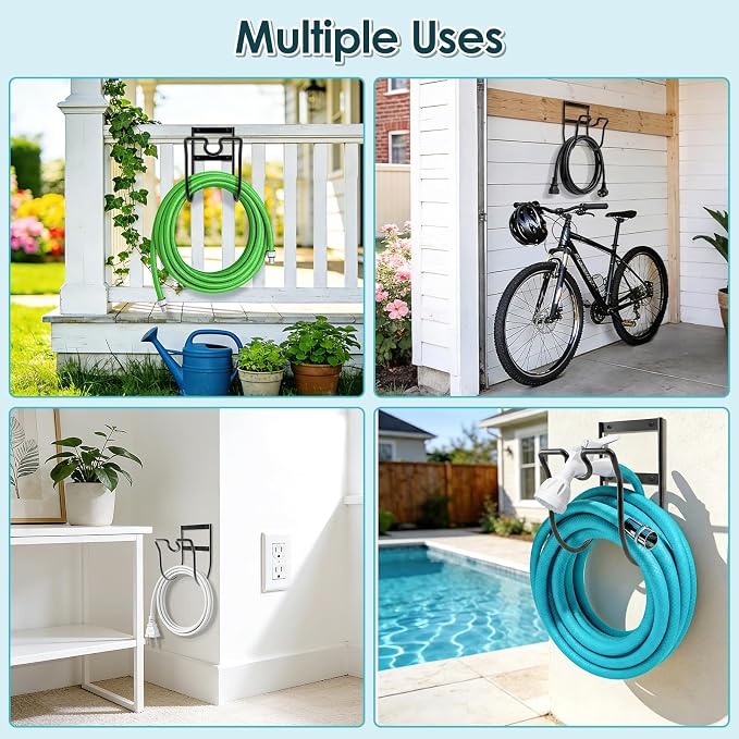 Hose Hanger Wall Mount, Metal Garden Hose Holder with Nozzle Groove for Outside Inside Water Hoses Extension Cords Air Lines, Black, 1 Pcs