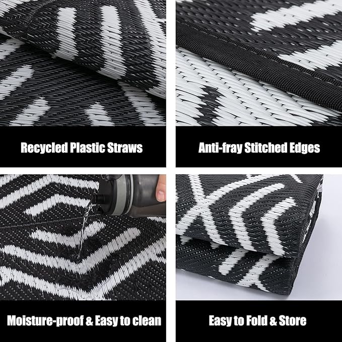 Outdoor Rug Mats, Large Waterproof Outdoor Area Rug, Reversible Portable Outdoor Plastic Straw Carpet for RV Deck Camping Front Door Indoor Outside Porch Picnic (5x8ft Geometric Black&White)
