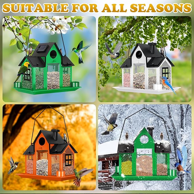 Solar Bird Feeders House Outside Hanging Metal Wild Bird Feeder Outdoors Large Cardinal Bird Feeder Birdhouses Squirrel Proof White