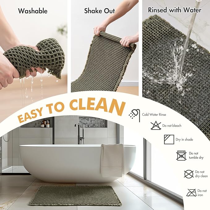 MIULEE Set of 2 Waffle Bathroom Rugs, Super Absorbent Non Slip Bath Rugs, Washable Bath Mats with Tassels, Ultra Soft Rubber Backed Shower Mats for Bathroom Floor, Tub, Green, 18x30 Inch