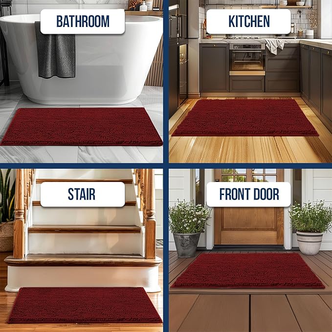 Muddy Mat Chenille Bathroom Rugs Quick Dry Microfiber Mats Non Slip Washable, Extra Thick, Soft and Highly Absorbent Bath Mats for Bathroom, Kitchen, and Shower Floor - Red XL 59"X35"