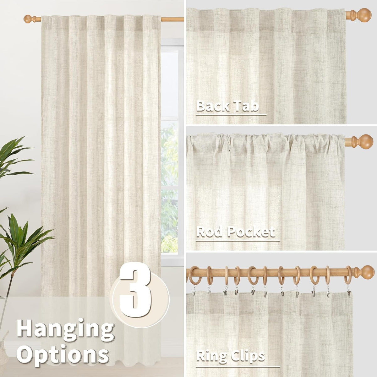 YoungsTex Linen Curtains for Living Room 2 Panels - Ivory Cream Light Filtering Drapes with Back Tab Rod Pocket Rustic Semi Sheer for Country Bedroom, 52 X 72 Inch