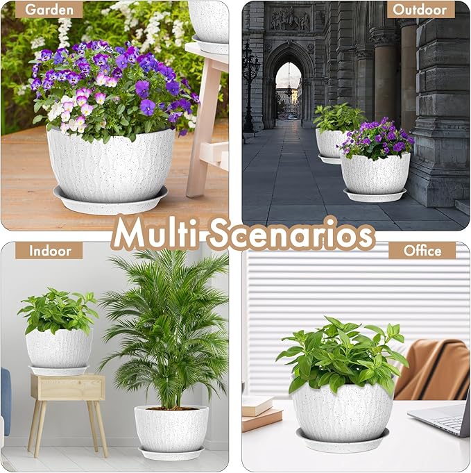 12 Inch Wide Water Ripples Flower Pots for Indoor or Outdoor Plants, Large Plant Pots with Drainage Holes & Saucer, Plastic Planters Set for Garden & Home Decor (White with Black Speckles)