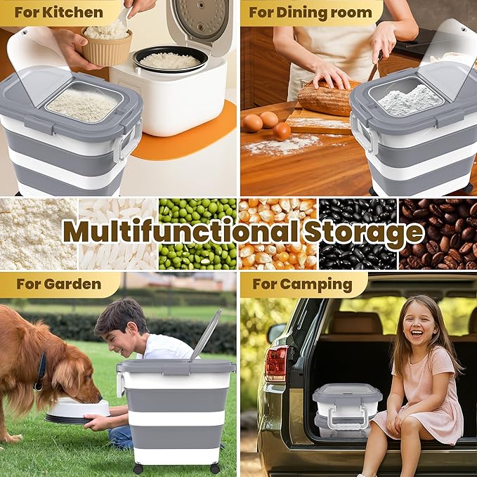 30-40Lbs Rice Container,Collapsible Airtight Food Storage Containers with Wheels,Handle,Rice Storage Container with Small Bin and Scoop,Rice Dispenser for Flour Sugar Cereal Grain Dog Cat