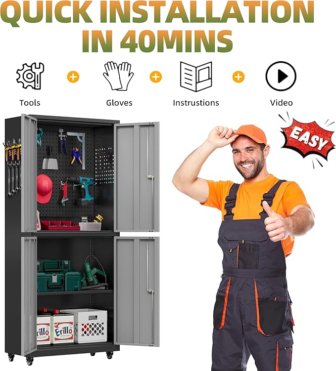 Garage Storage Cabinet with Wheels, Lockable Metal Storage Cabinet